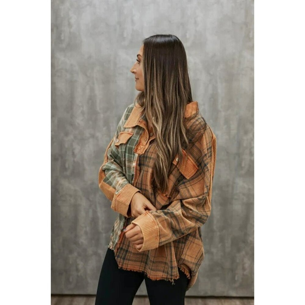 Pumpkin Spice Mixed Plaid Oversized Top in Rust - Picture 2 of 5